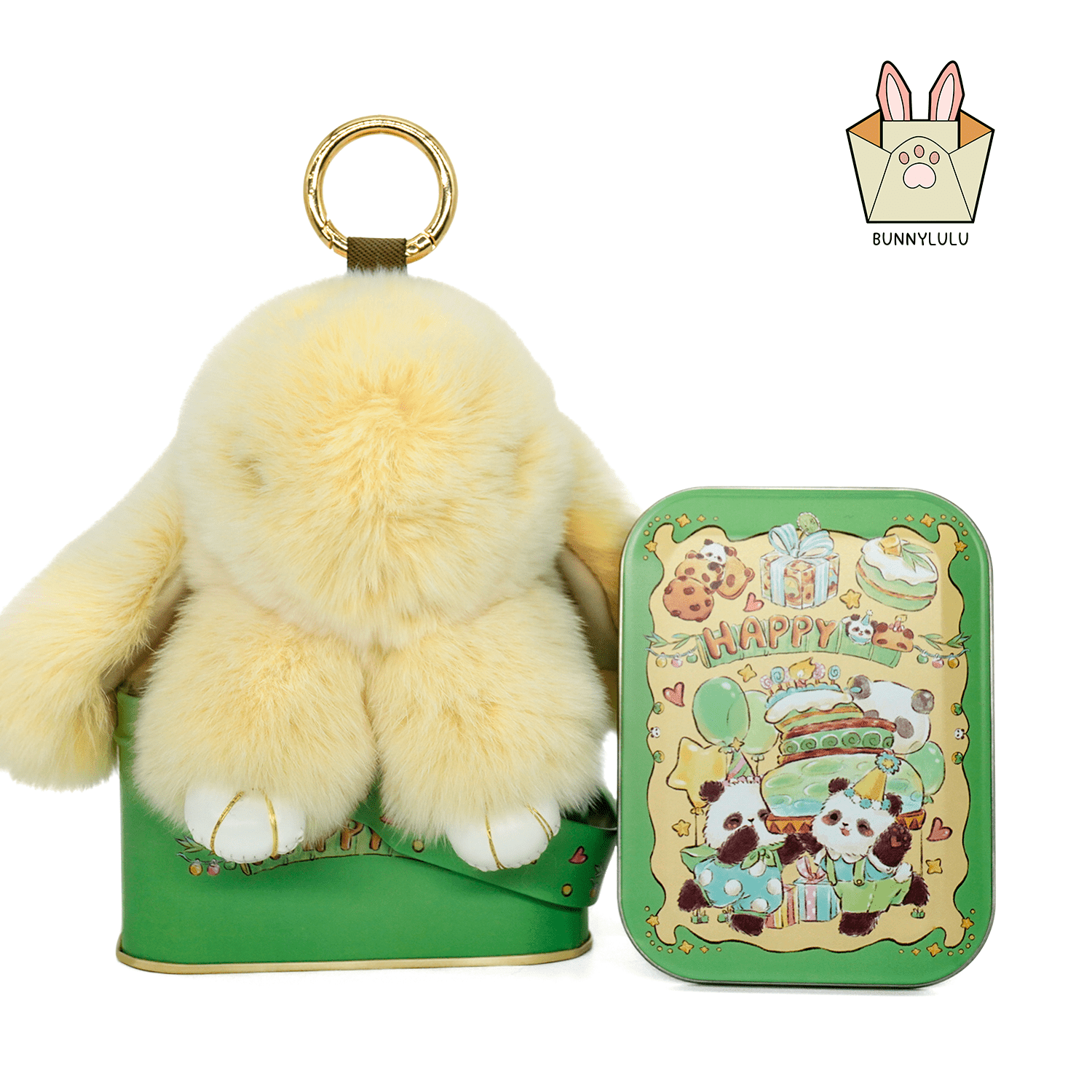 BunnyLulu Handmade Bunny Pompom Keychain with Designed Tin, Multi Colors - BunnyLulu