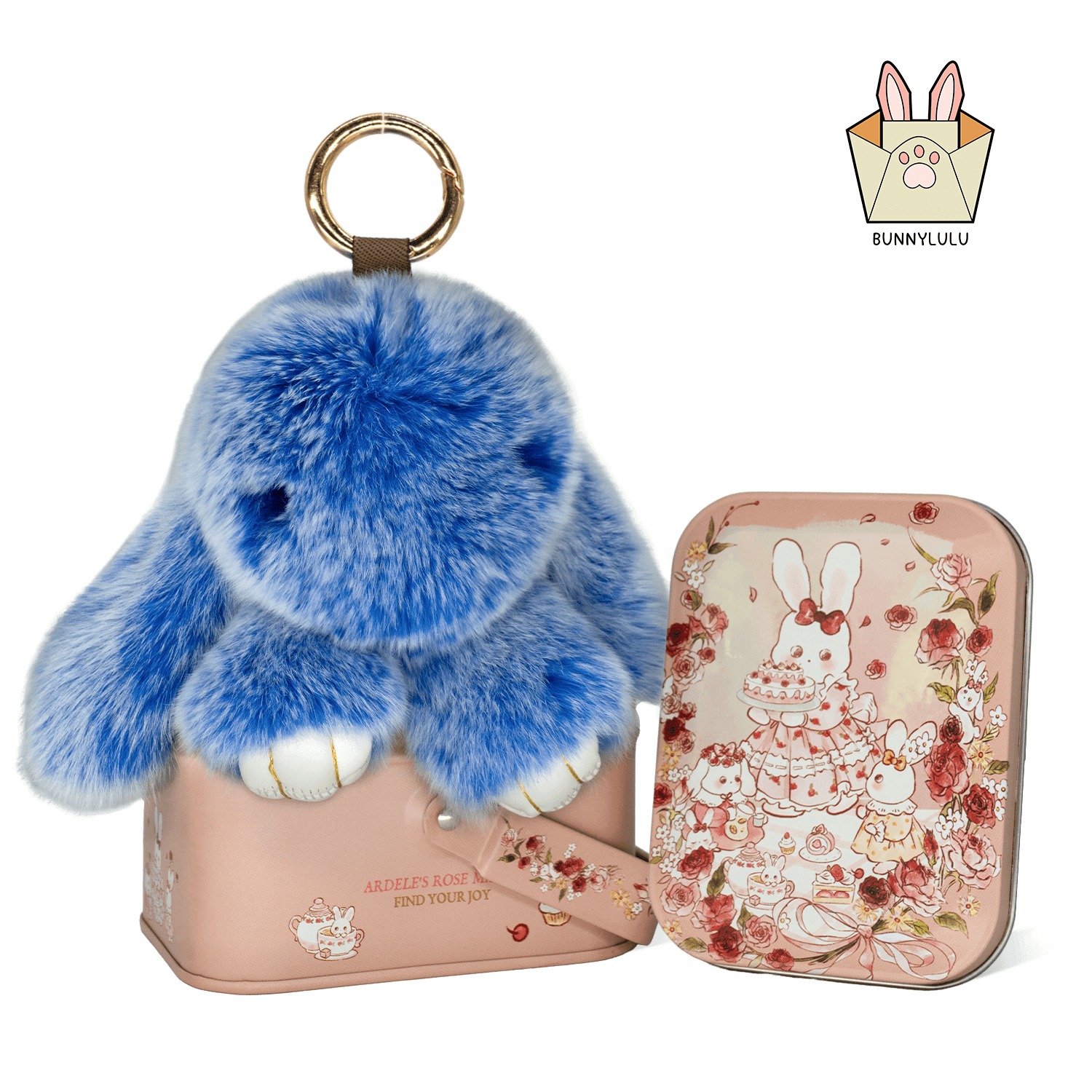 BunnyLulu Handmade Bunny Pompom Keychain with Designed Tin, Multi Colors - BunnyLulu
