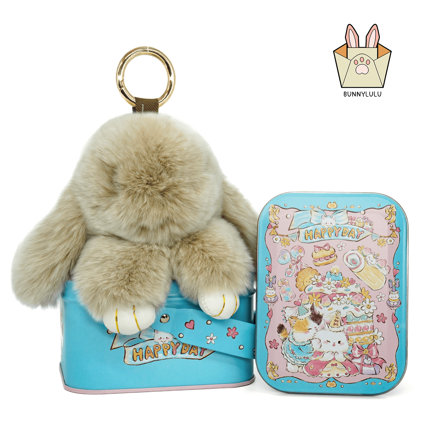 BunnyLulu Handmade Bunny Pompom Keychain with Designed Tin, Multi Colors - BunnyLulu
