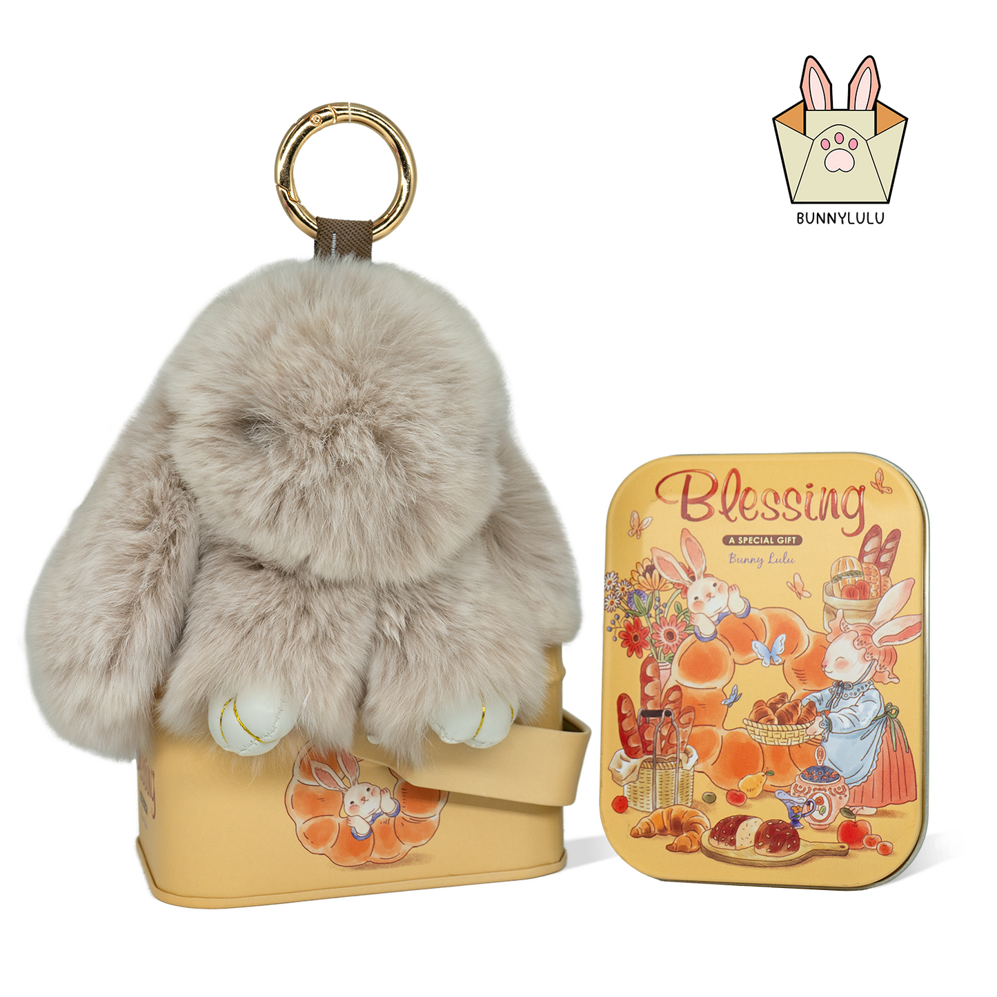 BunnyLulu Handmade Bunny Pompom Keychain with Designed Tin, Multi Colors