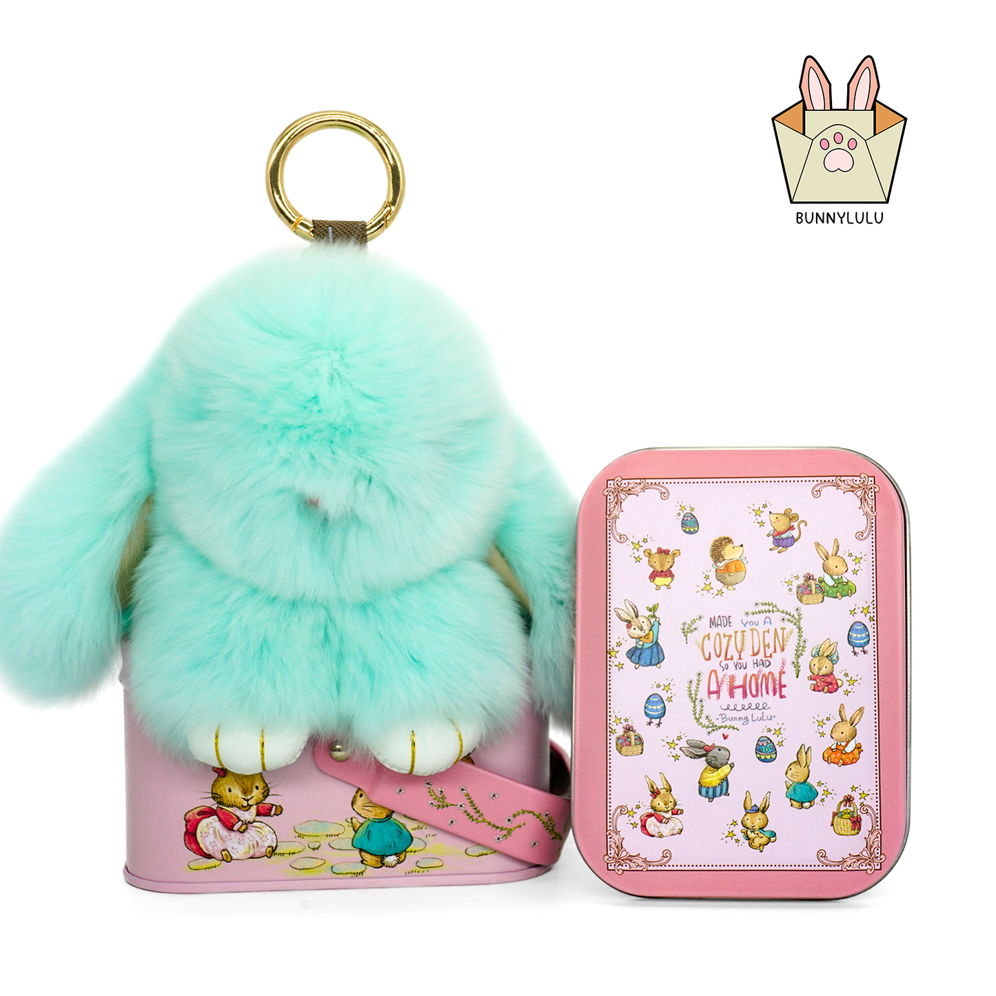 BunnyLulu Handmade Bunny Pompom Keychain with Designed Tin, Multi Colors