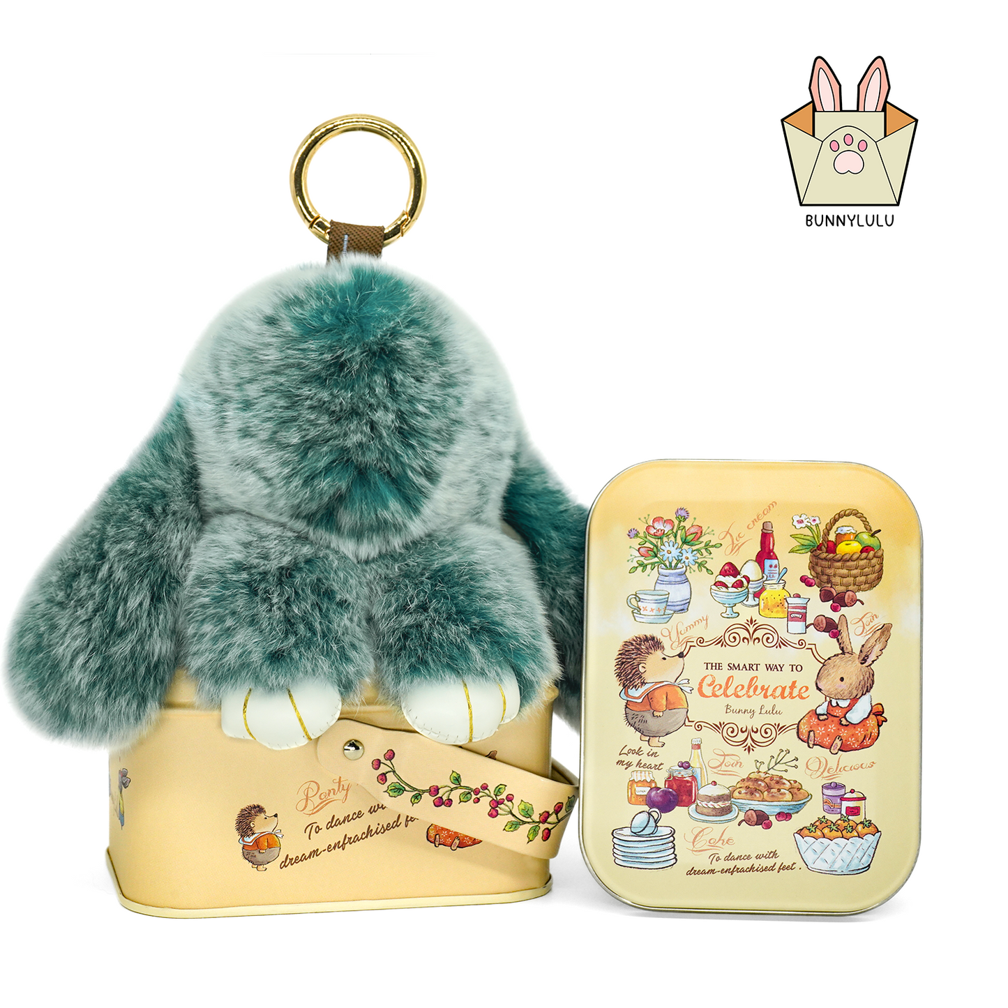 BunnyLulu Handmade Bunny Pompom Keychain with Designed Tin, Multi Colors