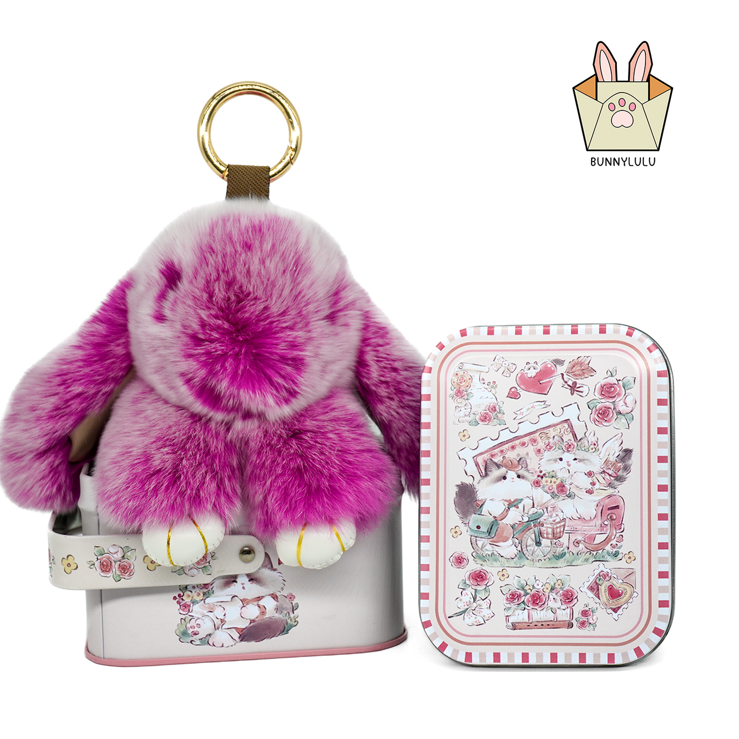 BunnyLulu Handmade Bunny Pompom Keychain with Designed Tin, Multi Colors