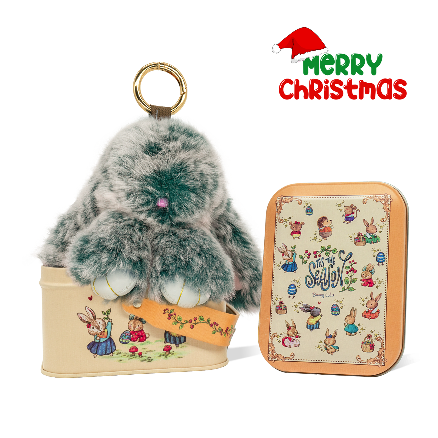 BunnyLulu Handmade Bunny Pompom Keychain with Designed Tin, Multi Colors