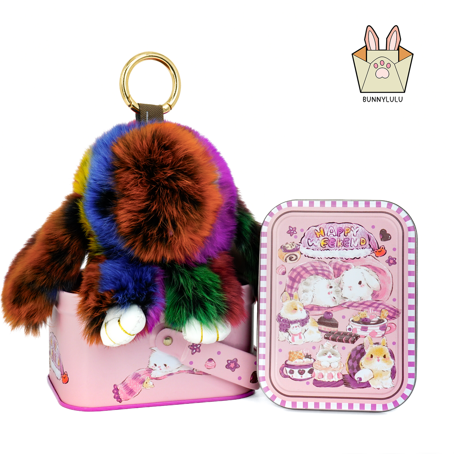 BunnyLulu Handmade Bunny Pompom Keychain with Designed Tin, Multi Colors