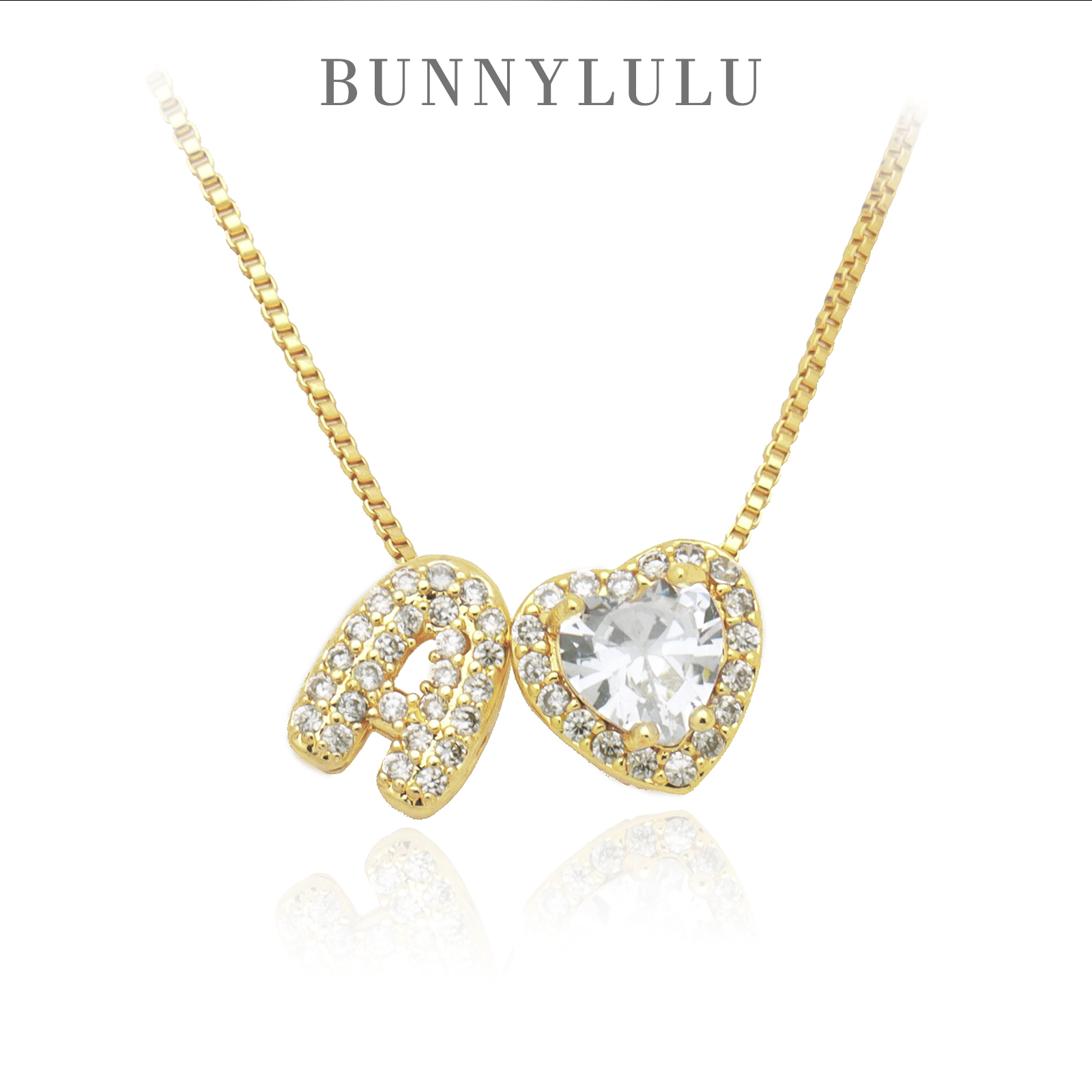 Initial Necklace with Zircon Heart, Dainty Gold A-Z Pendant