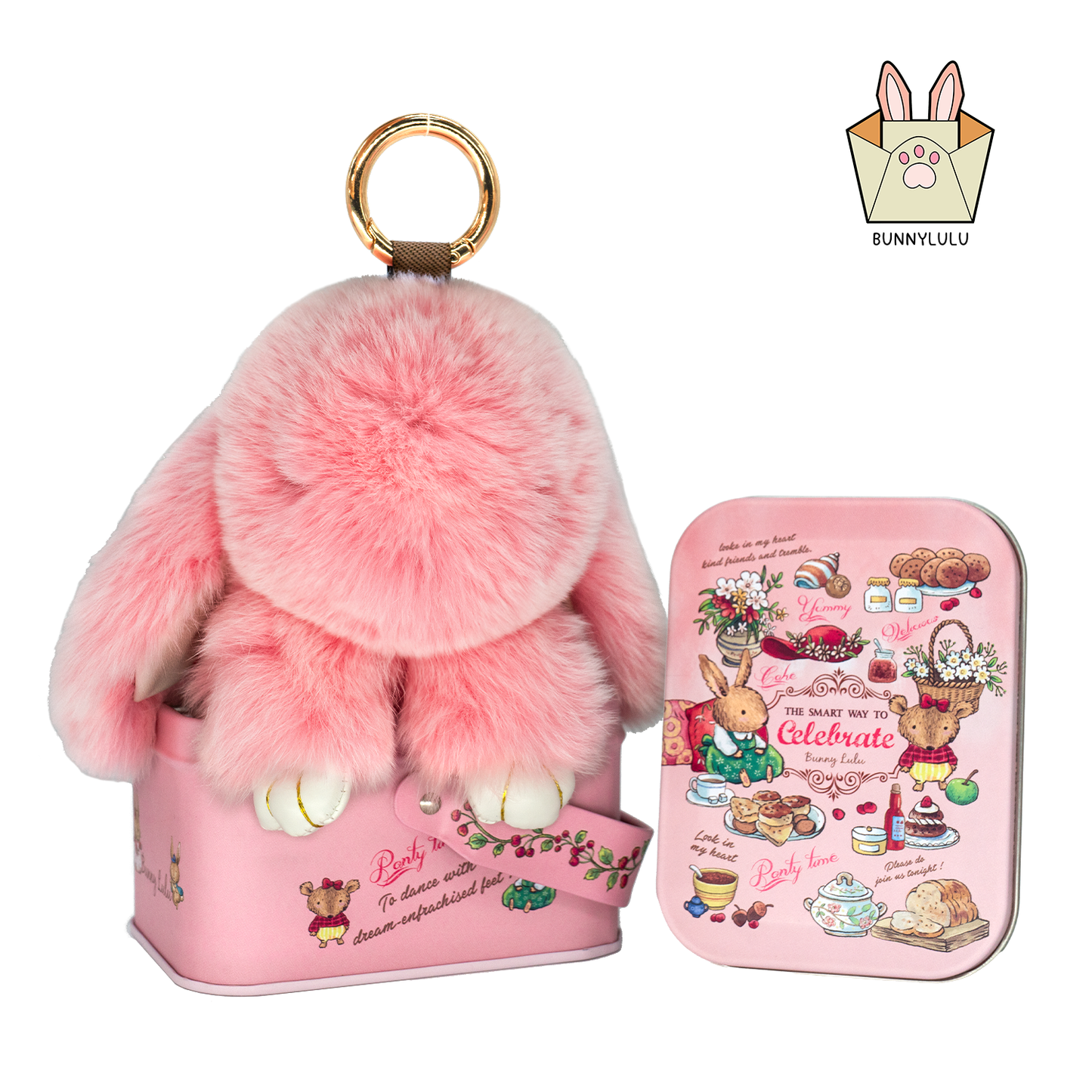 BunnyLulu Handmade Bunny Pompom Keychain with Designed Tin, Multi Colors