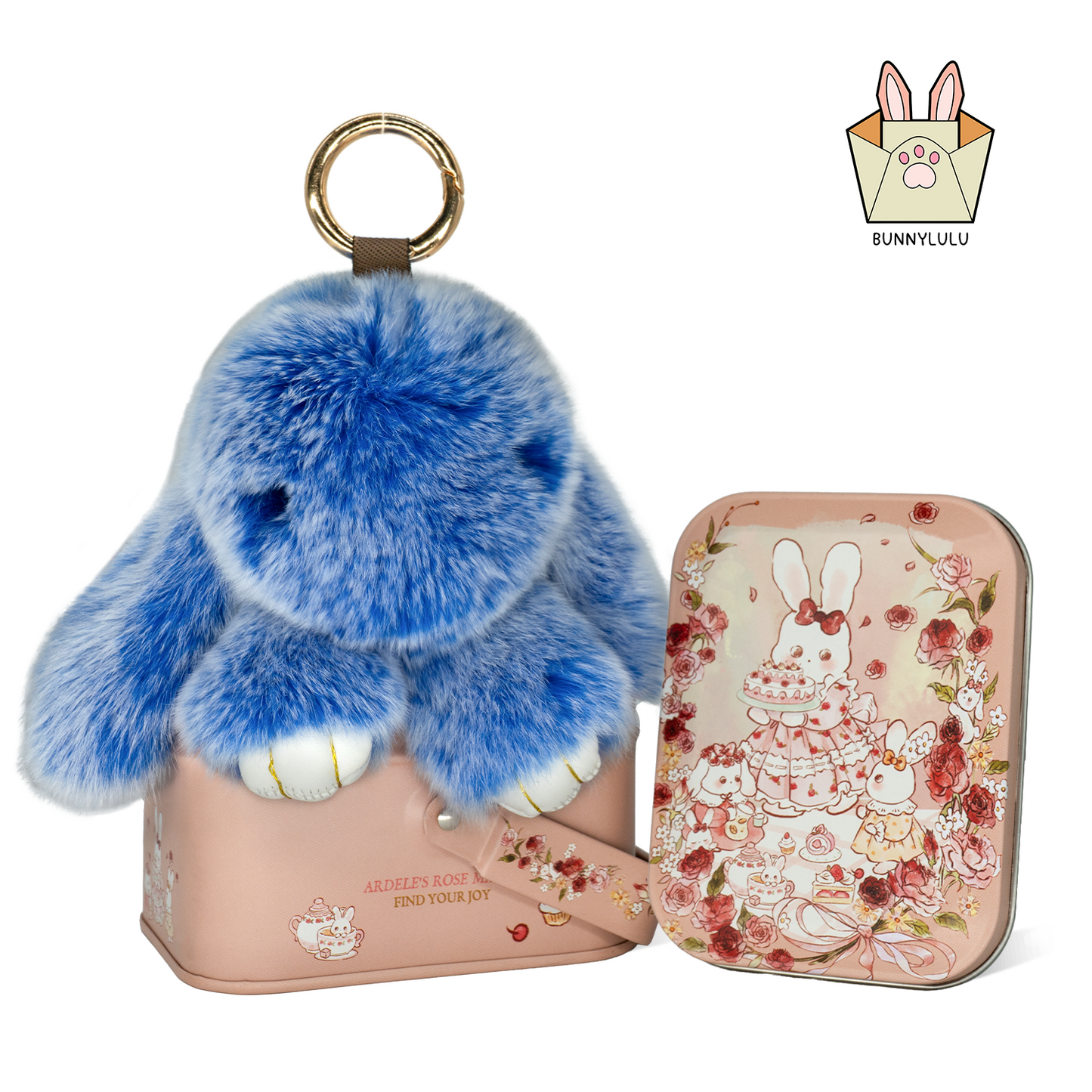 BunnyLulu Handmade Bunny Pompom Keychain with Designed Tin, Multi Colors