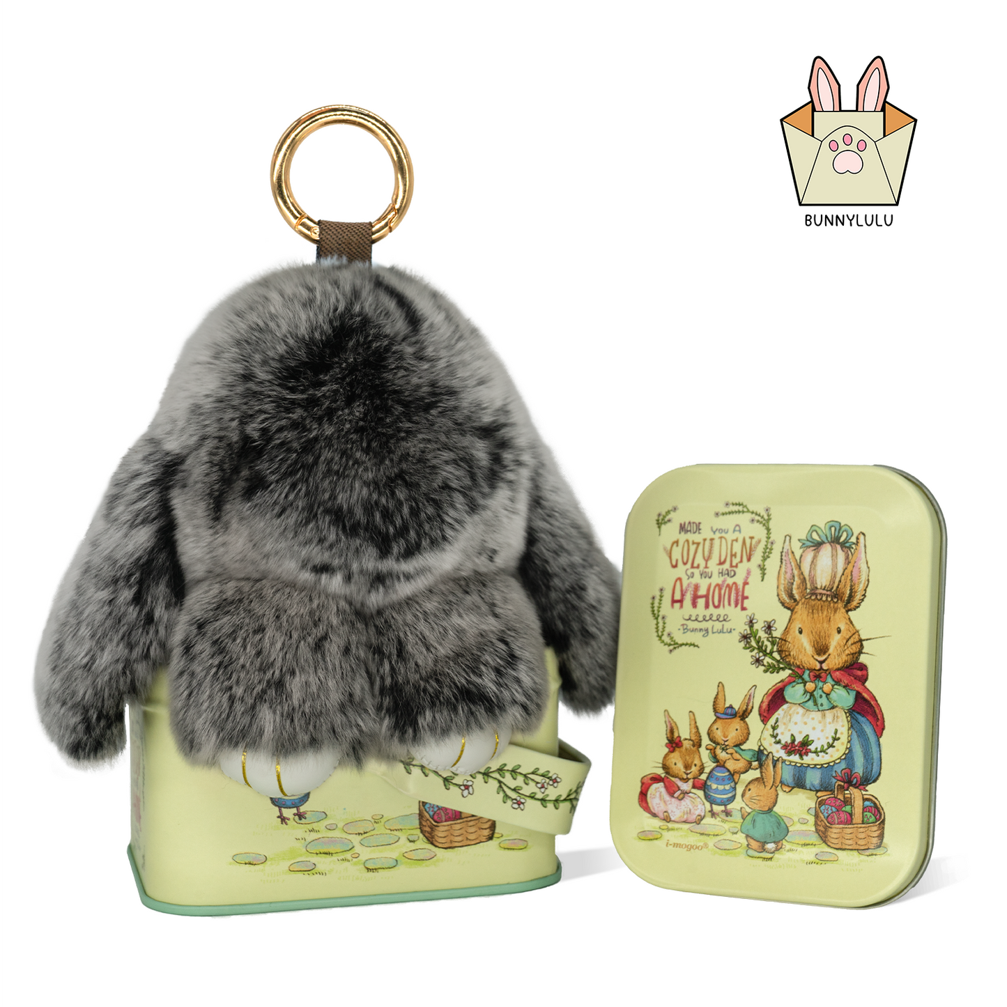 BunnyLulu Handmade Bunny Pompom Keychain with Designed Tin, Multi Colors