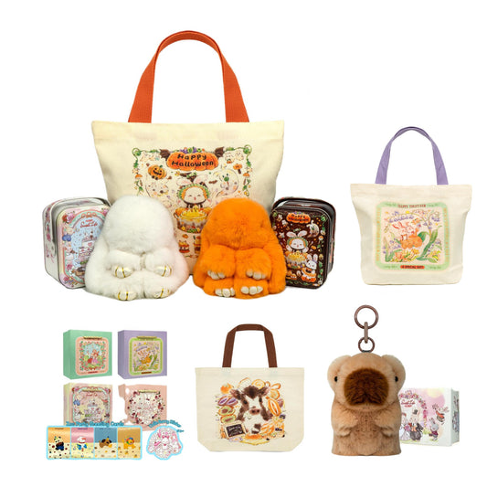 BunnyLulu × Happy Family Bundle - White & Orange Bunny PomPom Keychain with Capybara, Orange and Red Mini Canvas Tote Bag, Cow Bag, Gift Bags