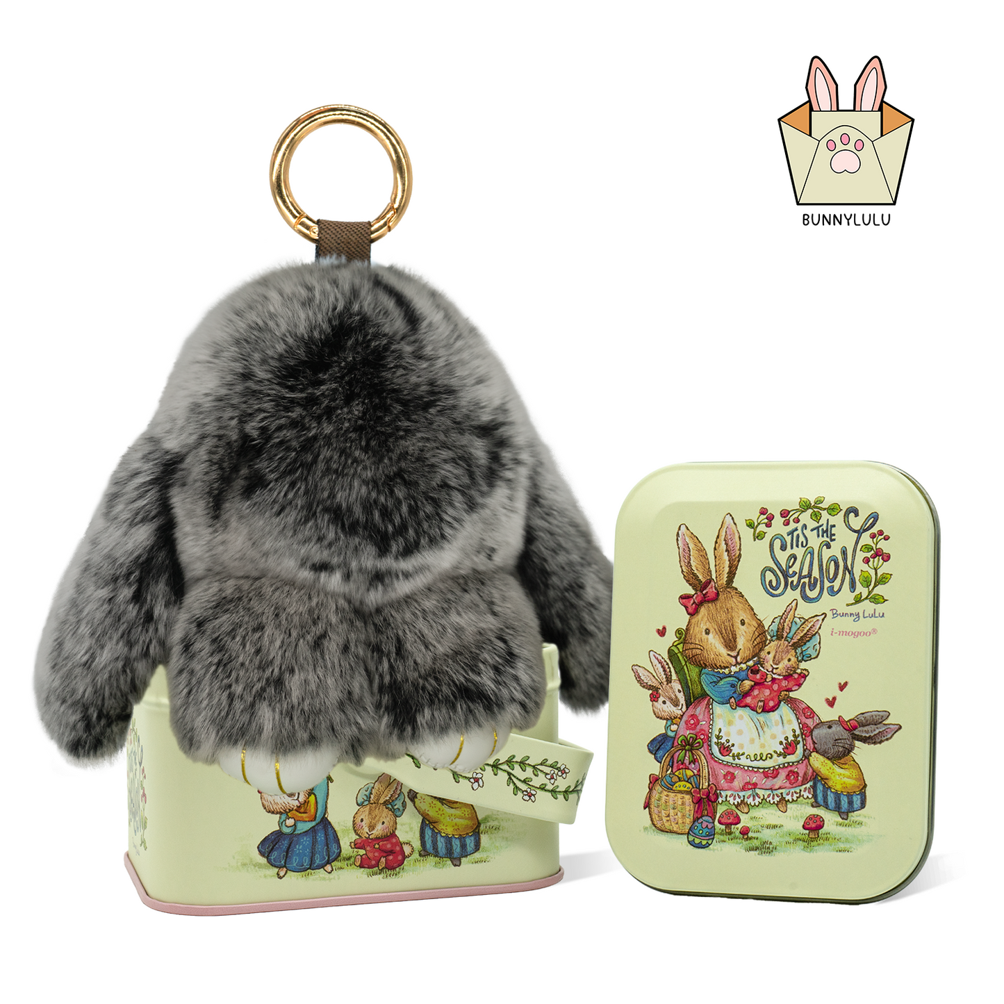 BunnyLulu Handmade Bunny Pompom Keychain with Designed Tin, Multi Colors