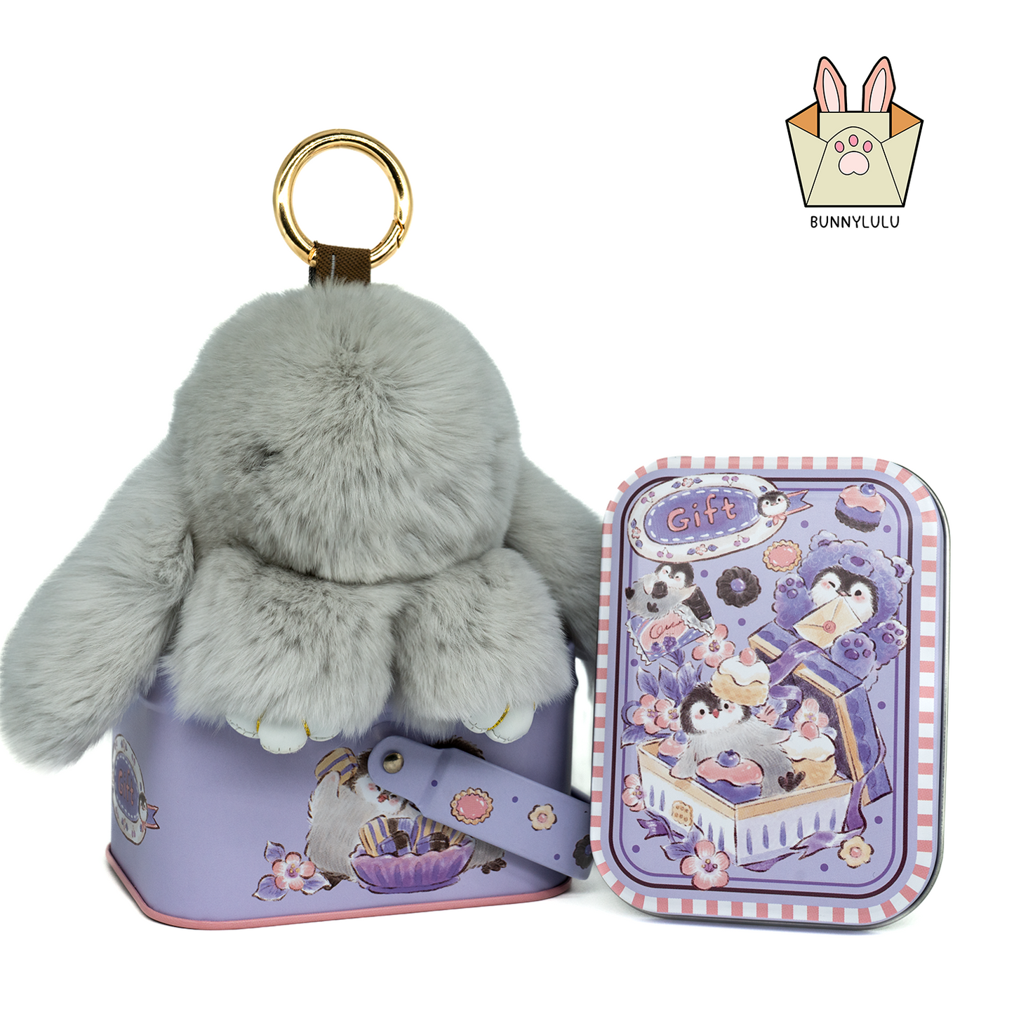 BunnyLulu Handmade Bunny Pompom Keychain with Designed Tin, Multi Colors