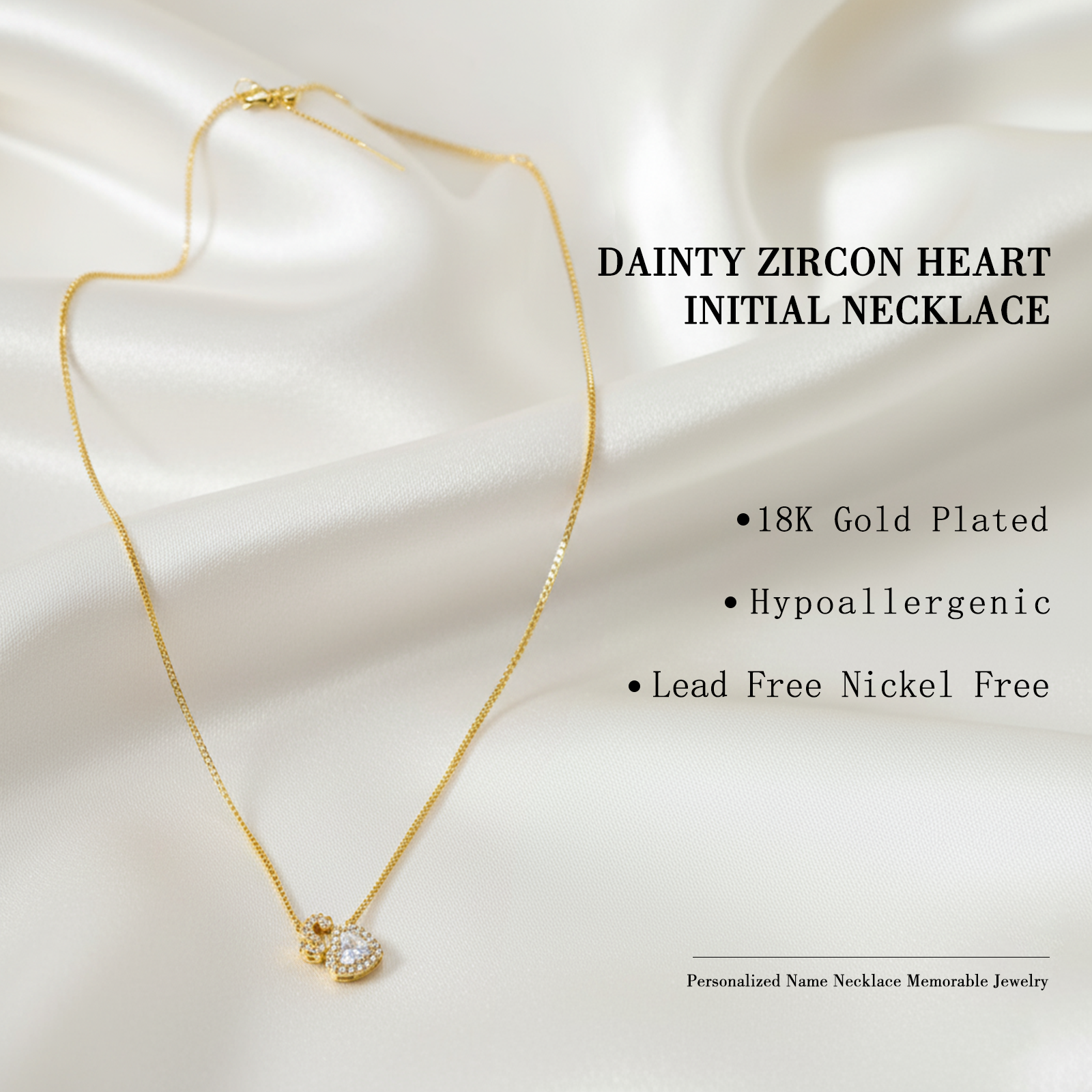 Initial Necklace with Zircon Heart, Dainty Gold A-Z Pendant