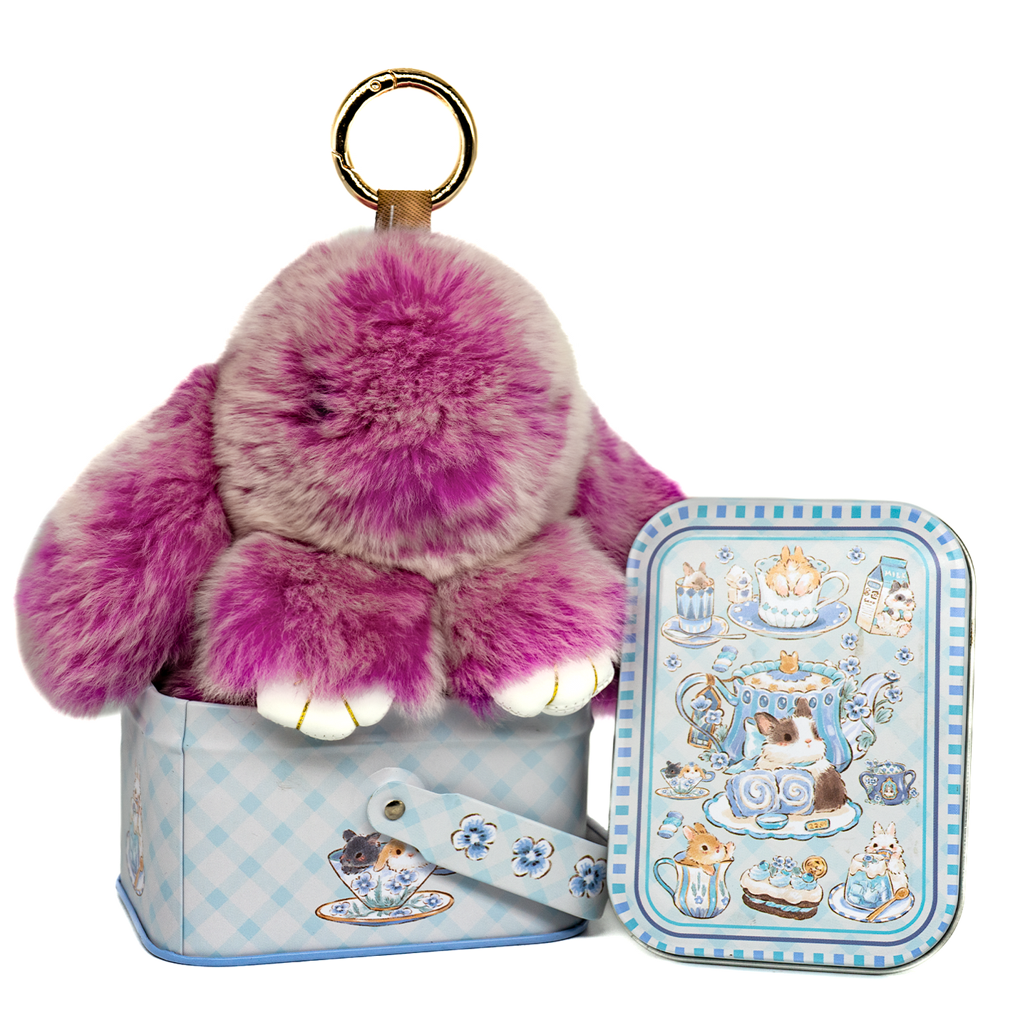 BunnyLulu Handmade Bunny Pompom Keychain with Designed Tin, Multi Colors