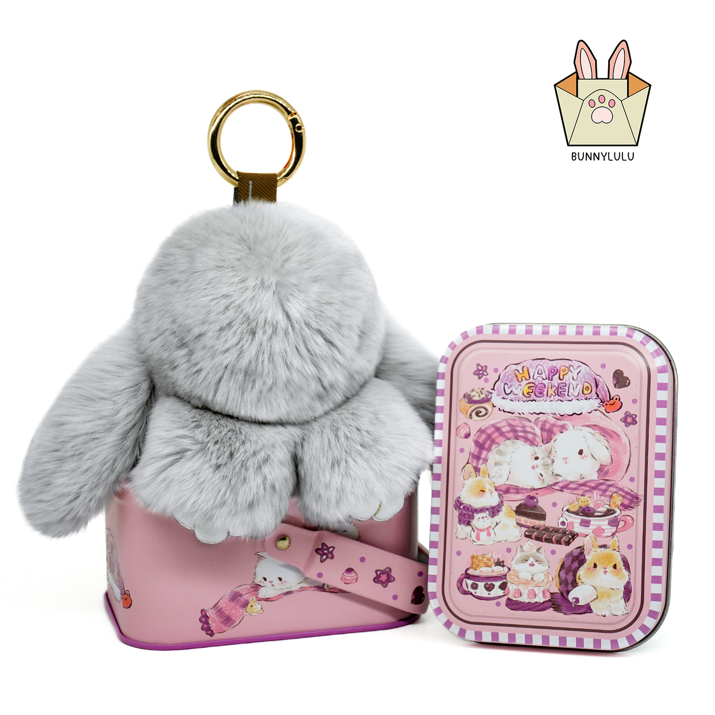 BunnyLulu Handmade Bunny Pompom Keychain with Designed Tin, Multi Colors