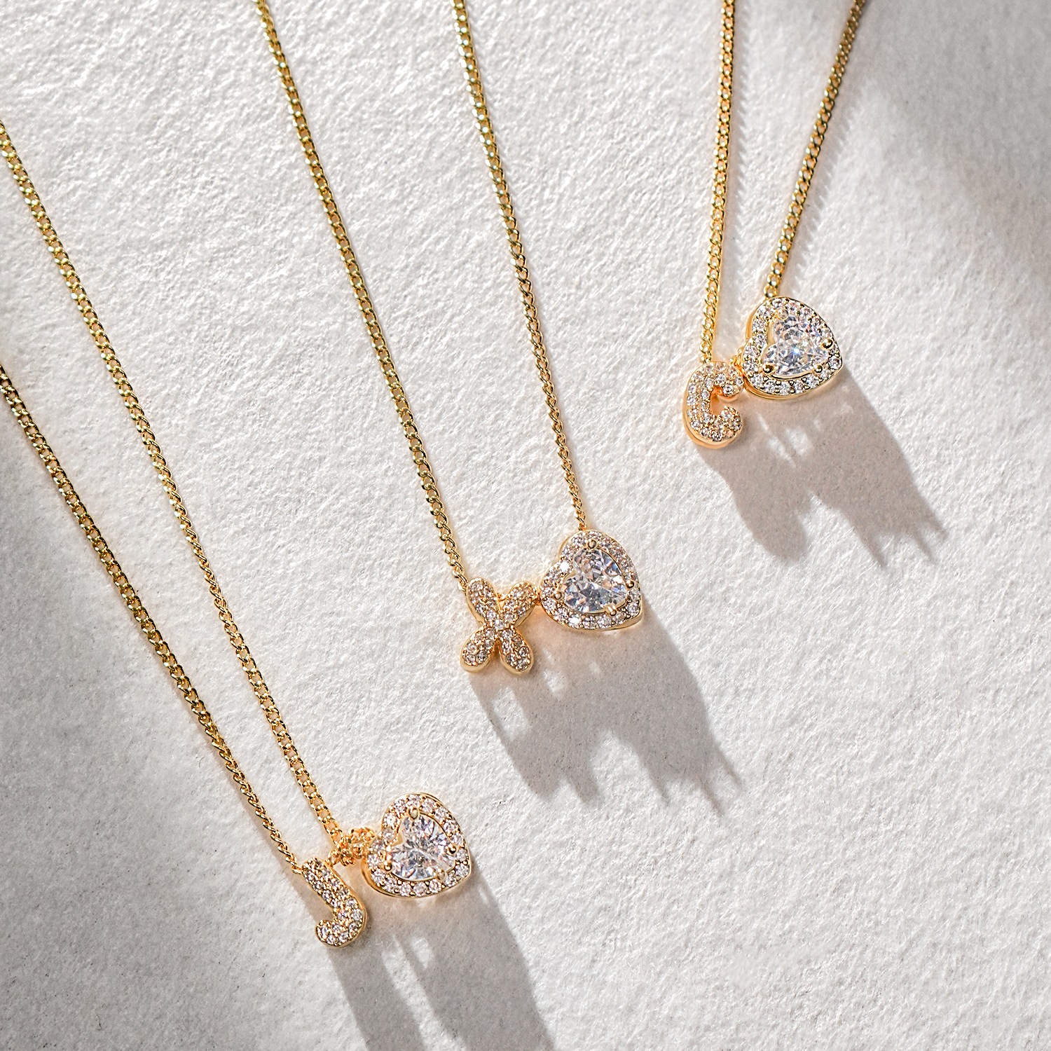 Initial Necklace with Zircon Heart, Dainty Gold A-Z Pendant