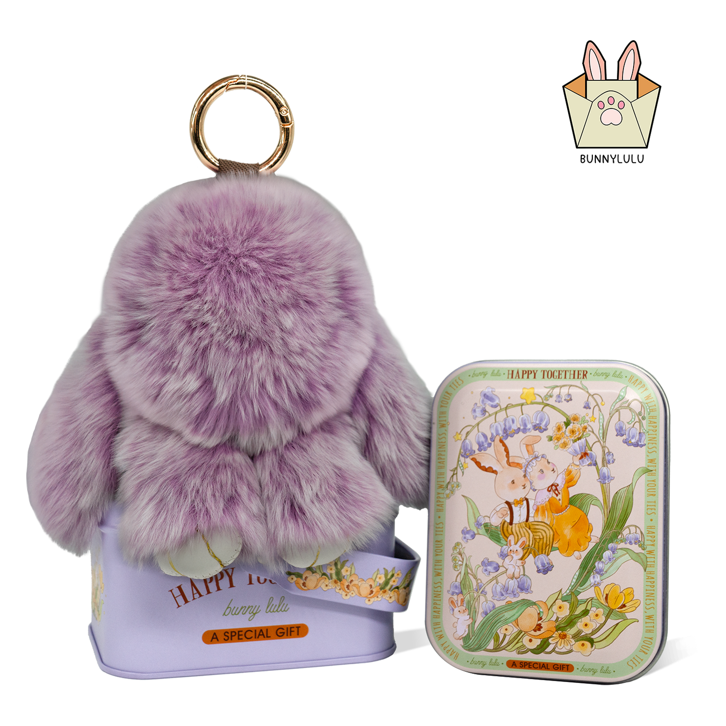 BunnyLulu Handmade Bunny Pompom Keychain with Designed Tin, Multi Colors