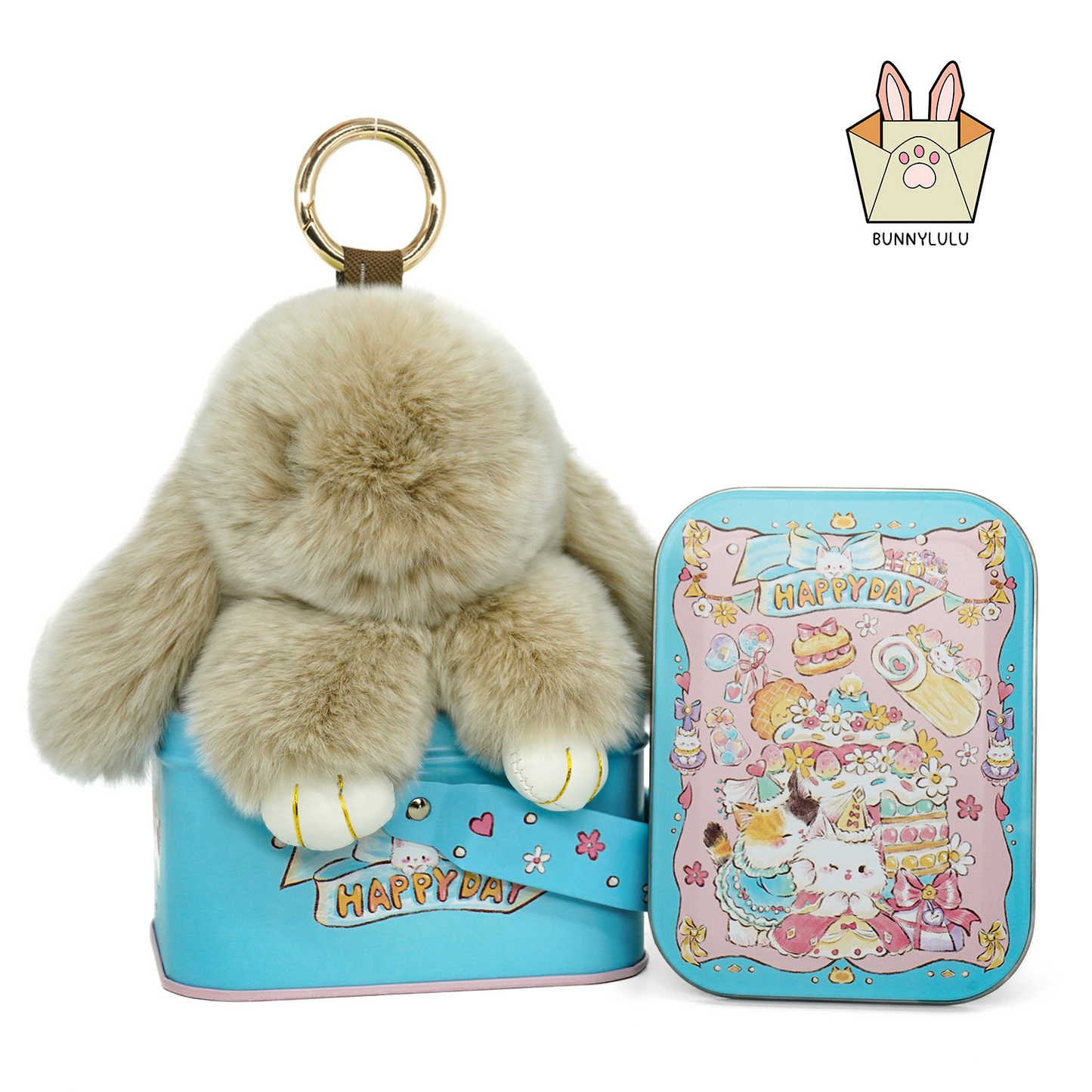 BunnyLulu Handmade Bunny Pompom Keychain with Designed Tin, Multi Colors