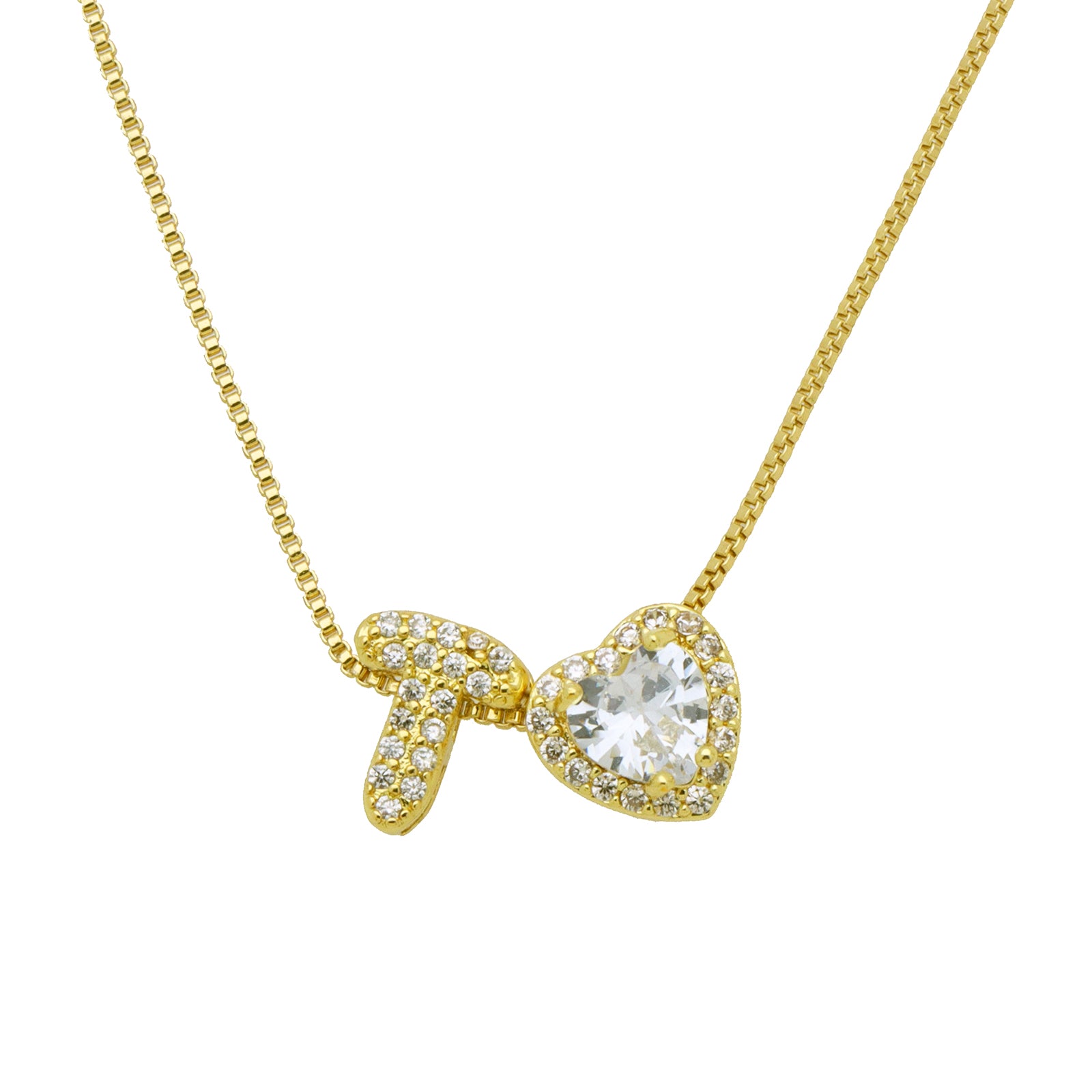 Initial Necklace with Zircon Heart, Dainty Gold A-Z Pendant
