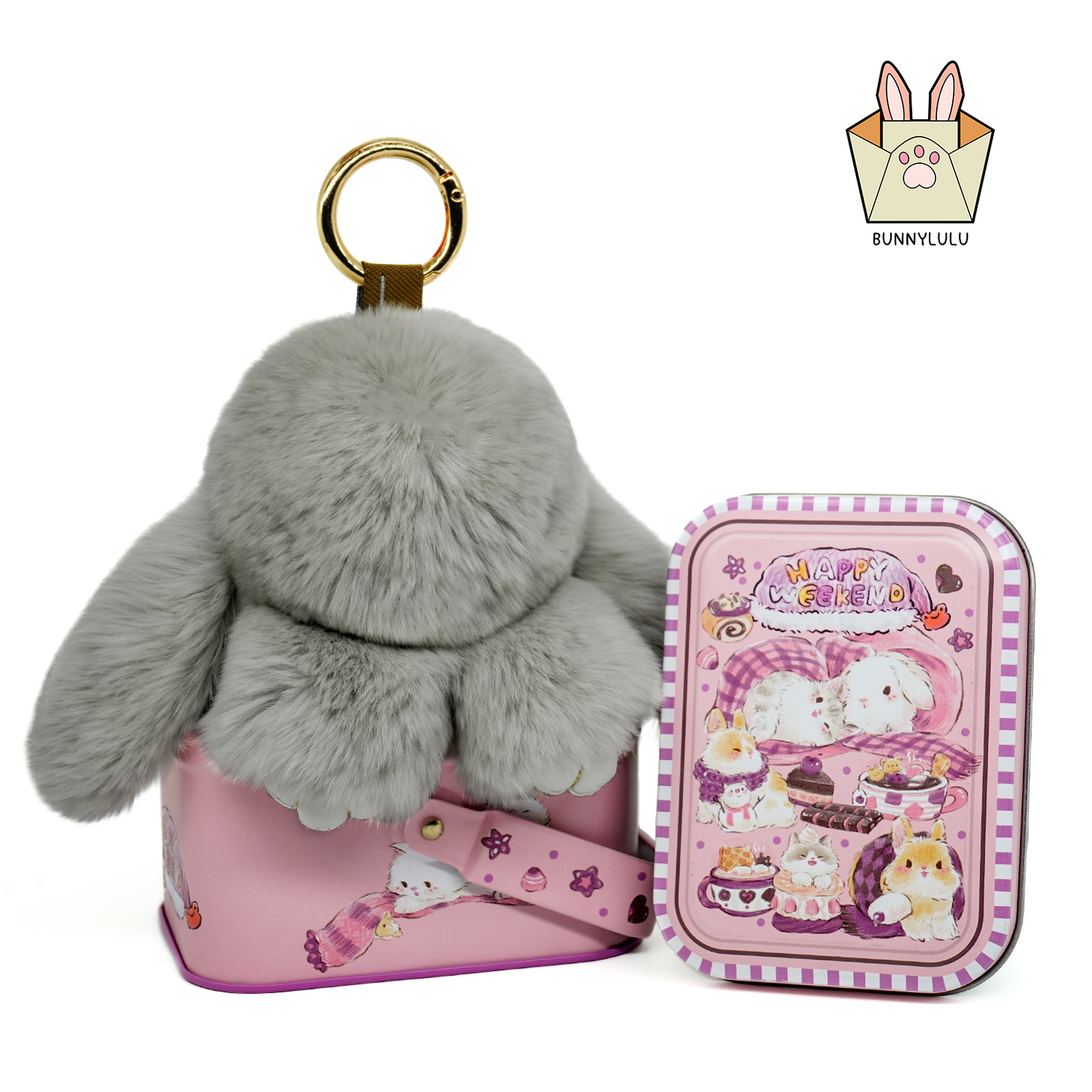 BunnyLulu Handmade Bunny Pompom Keychain with Designed Tin, Multi Colors