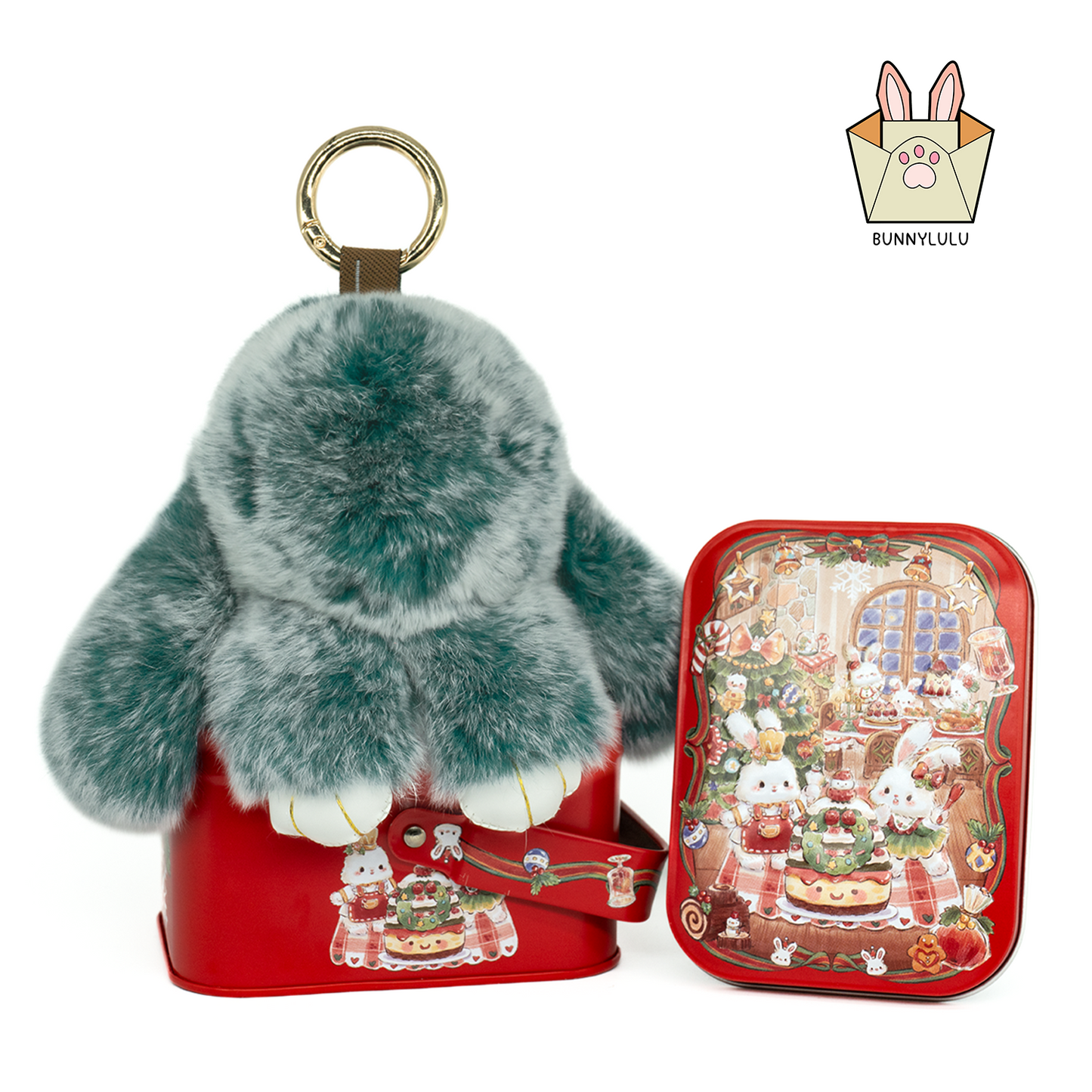 BunnyLulu Handmade Bunny Pompom Keychain with Designed Tin, Multi Colors