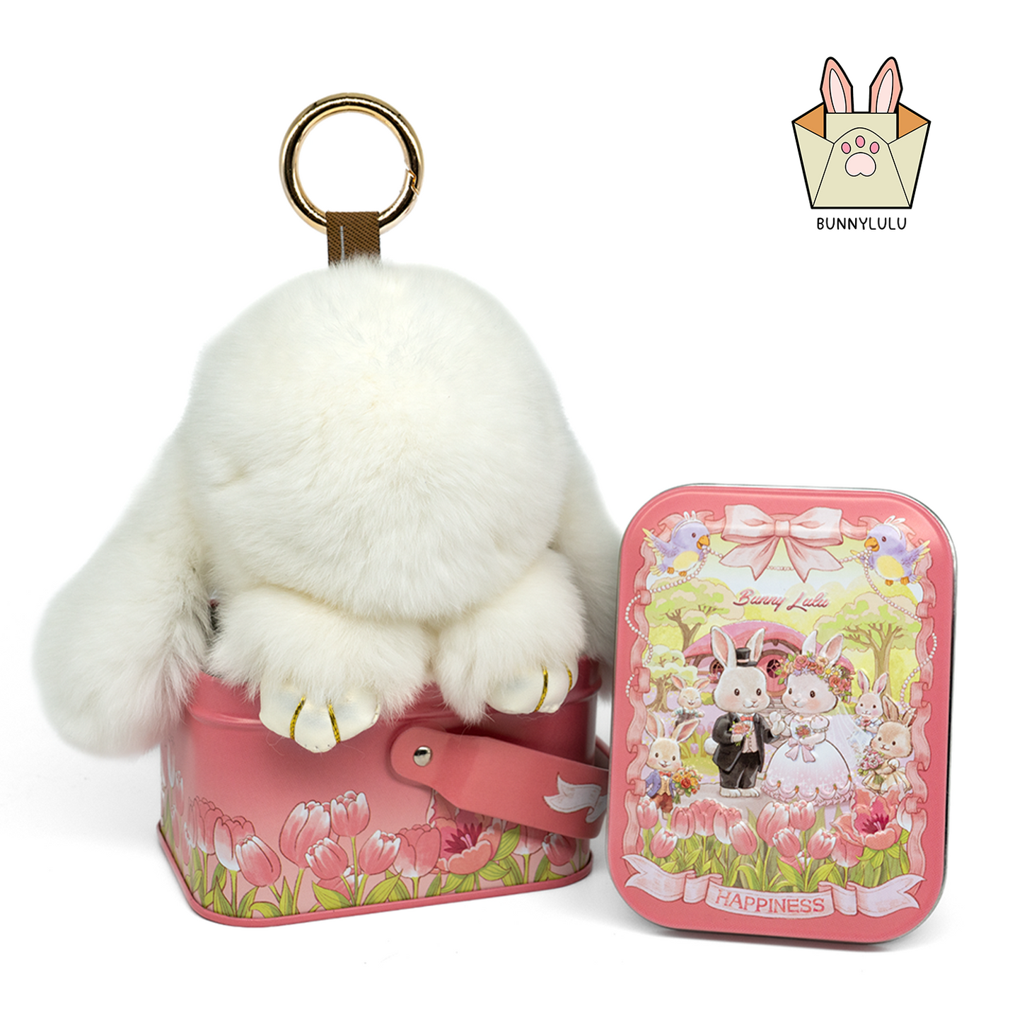 BunnyLulu Handmade Bunny Pompom Keychain with Designed Tin, Multi Colors