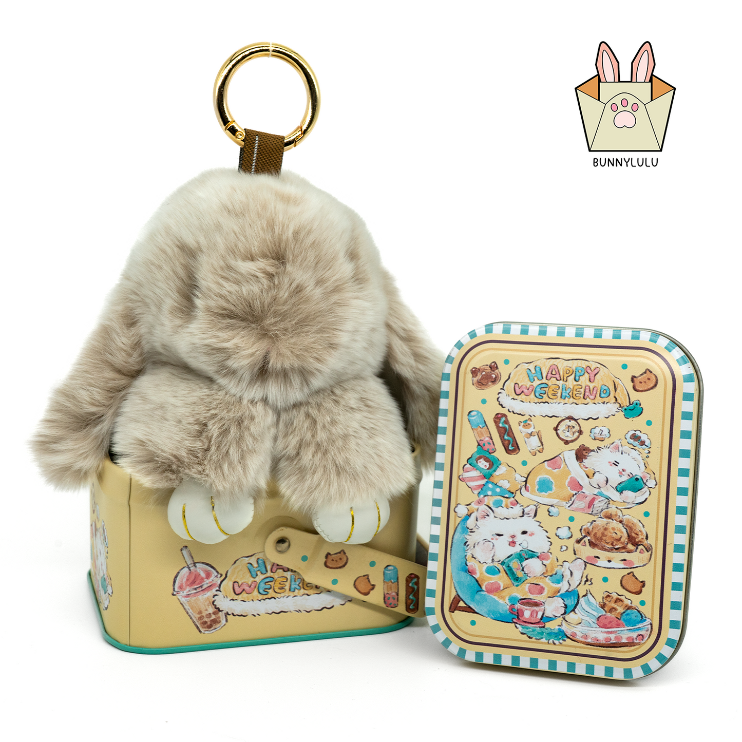 BunnyLulu Handmade Bunny Pompom Keychain with Designed Tin, Multi Colors