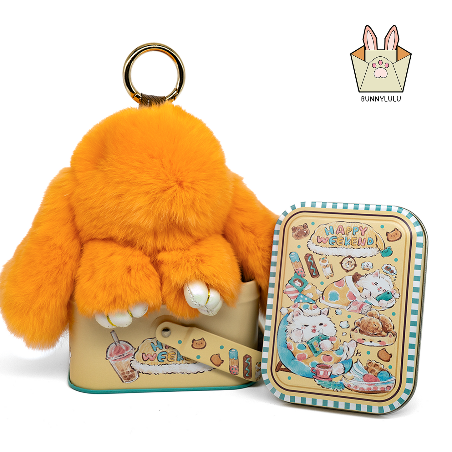 BunnyLulu Handmade Bunny Pompom Keychain with Designed Tin, Multi Colors