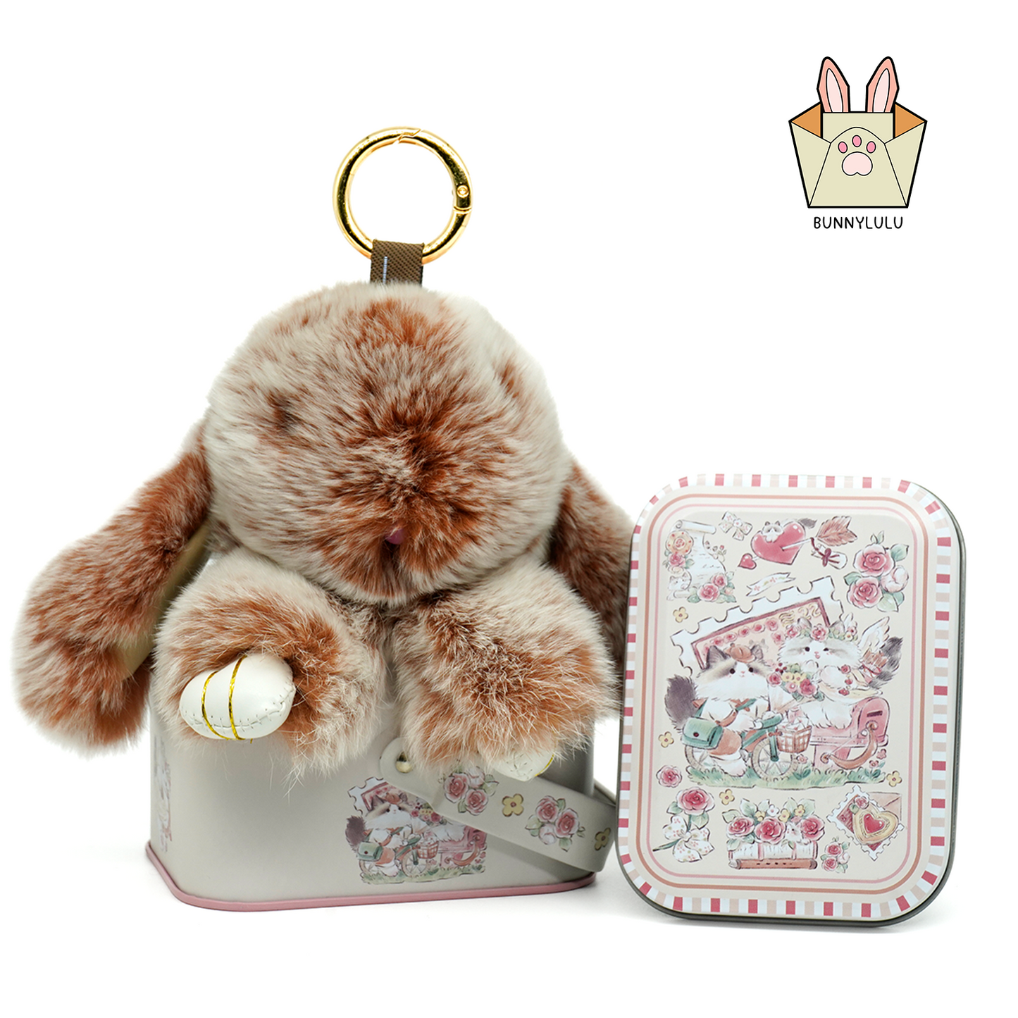 BunnyLulu Handmade Bunny Pompom Keychain with Designed Tin, Multi Colors