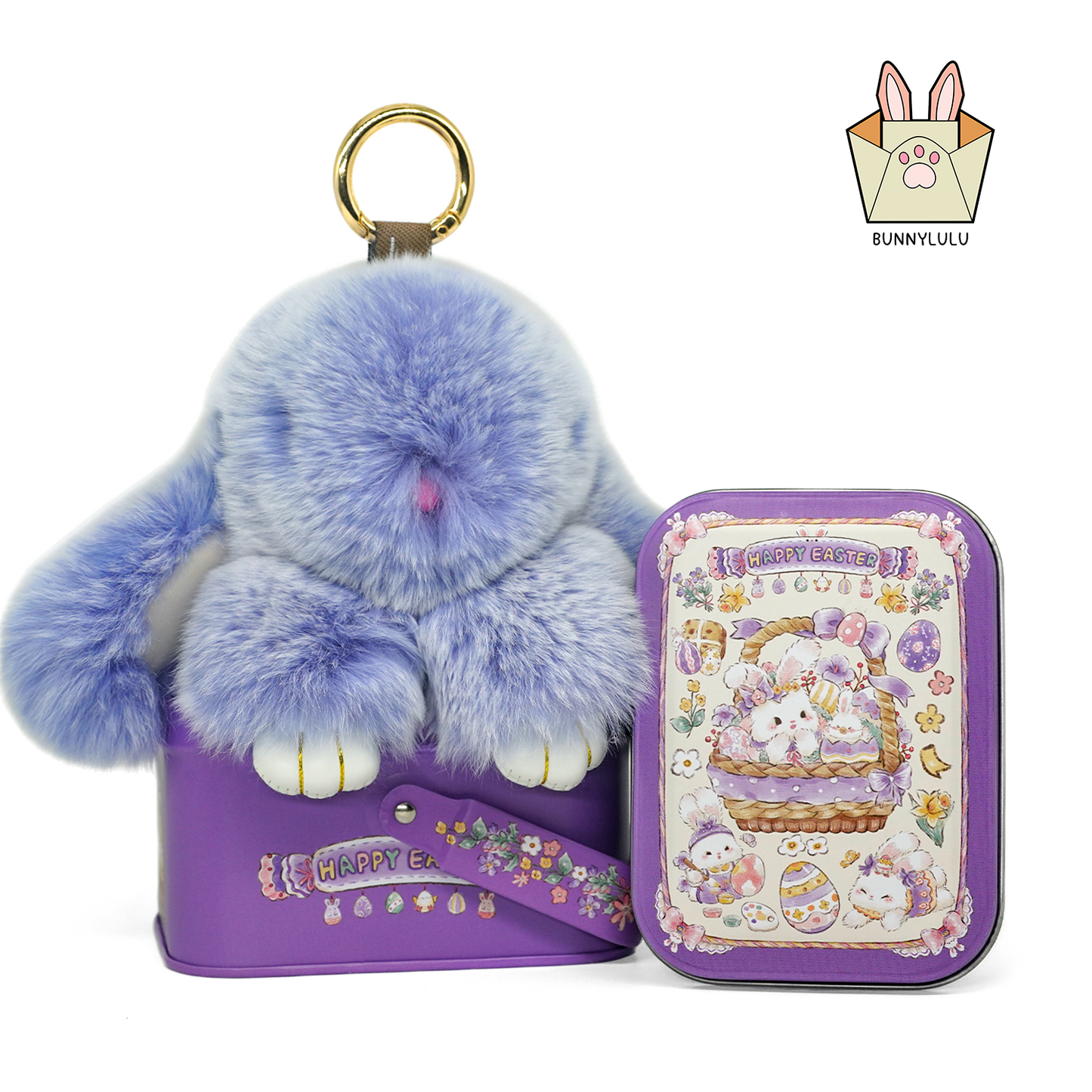 BunnyLulu Handmade Bunny Pompom Keychain with Designed Tin, Multi Colors