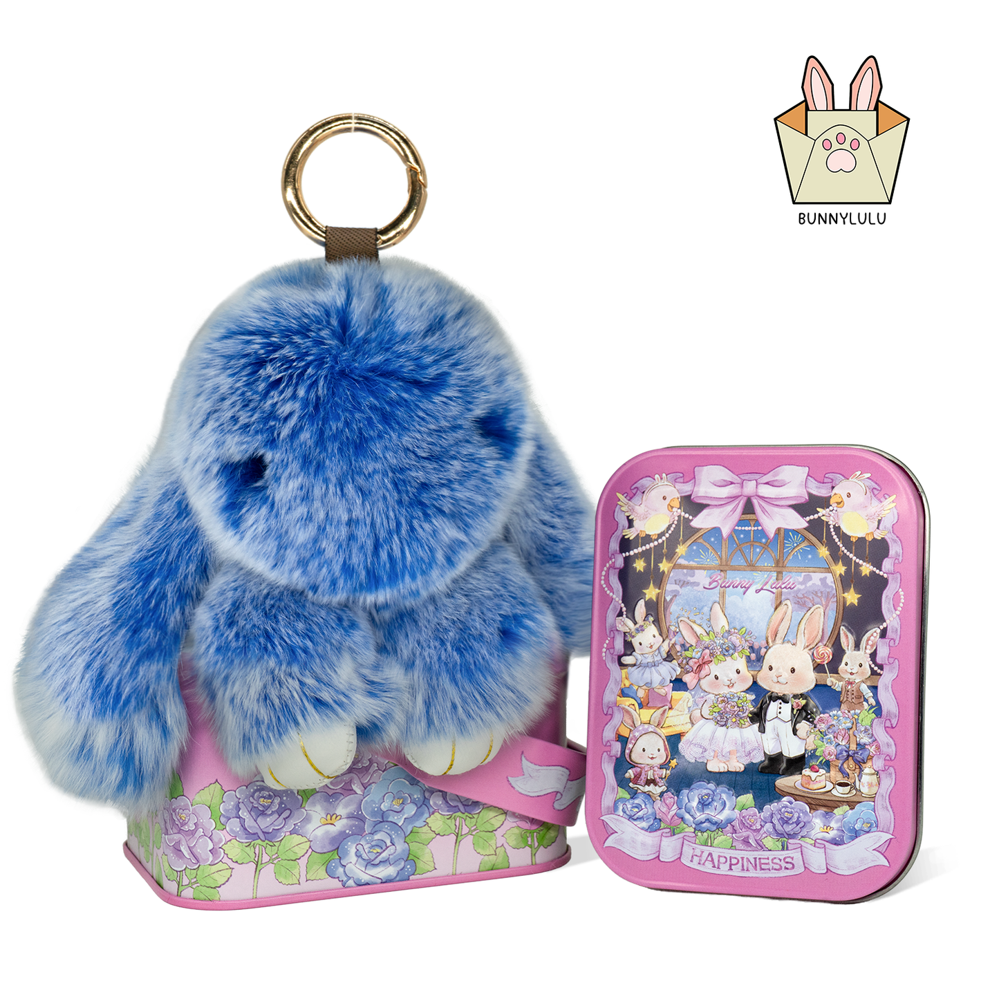 BunnyLulu Handmade Bunny Pompom Keychain with Designed Tin, Multi Colors