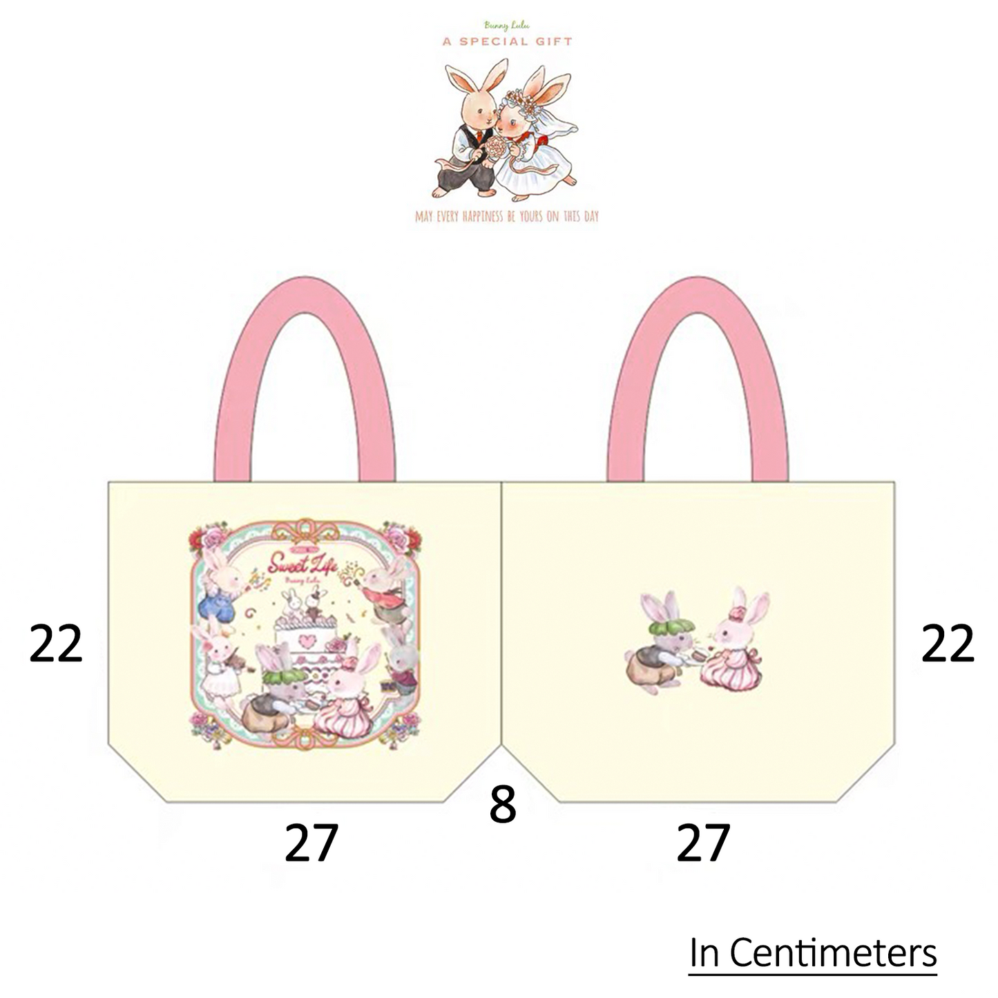 BunnyLulu × Happy Family Bundle - White & Orange Bunny PomPom Keychain with Capybara, Orange and Red Mini Canvas Tote Bag, Cow Bag, Gift Bags