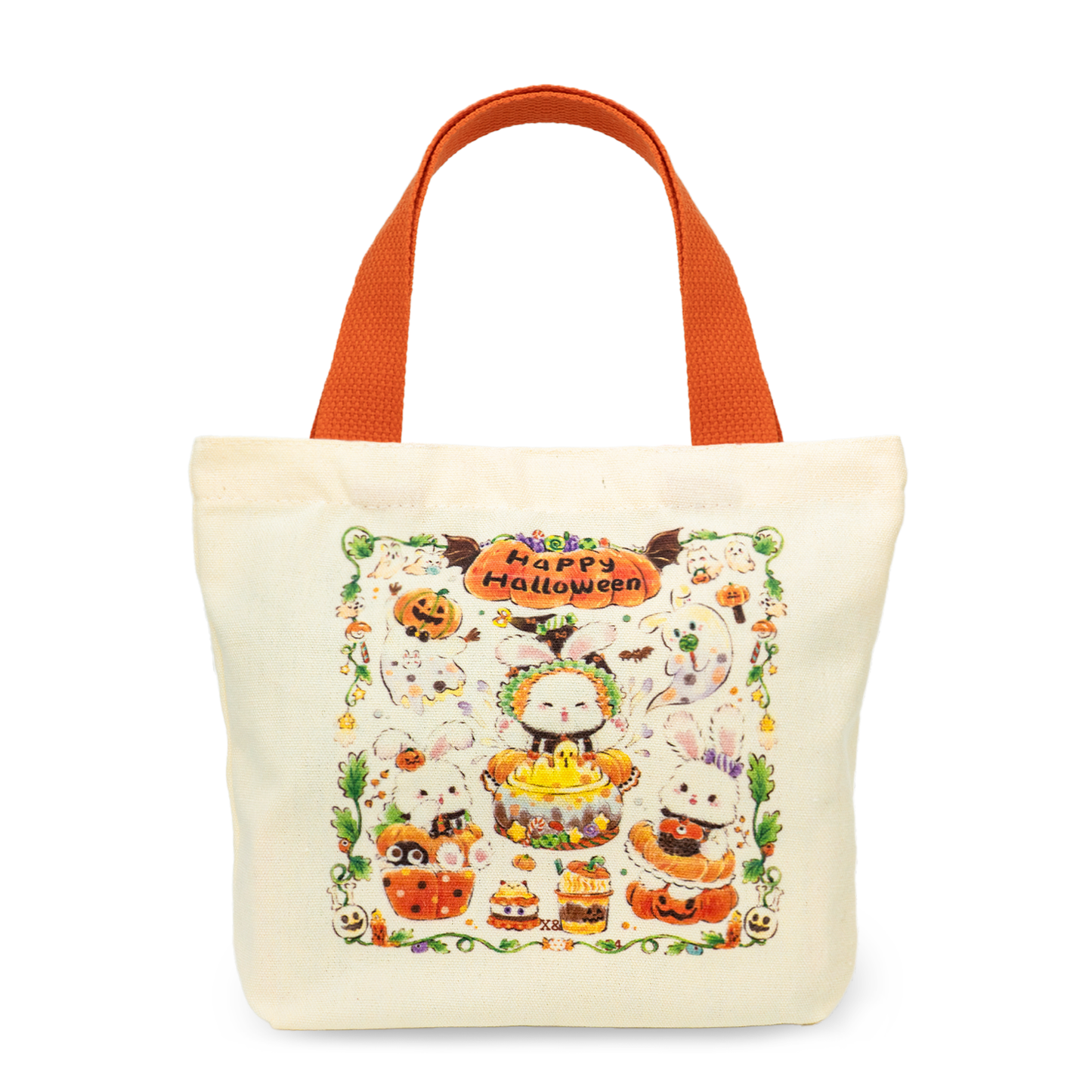 BunnyLulu × Happy Family Bundle - White & Orange Bunny PomPom Keychain with Capybara, Orange and Red Mini Canvas Tote Bag, Cow Bag, Gift Bags