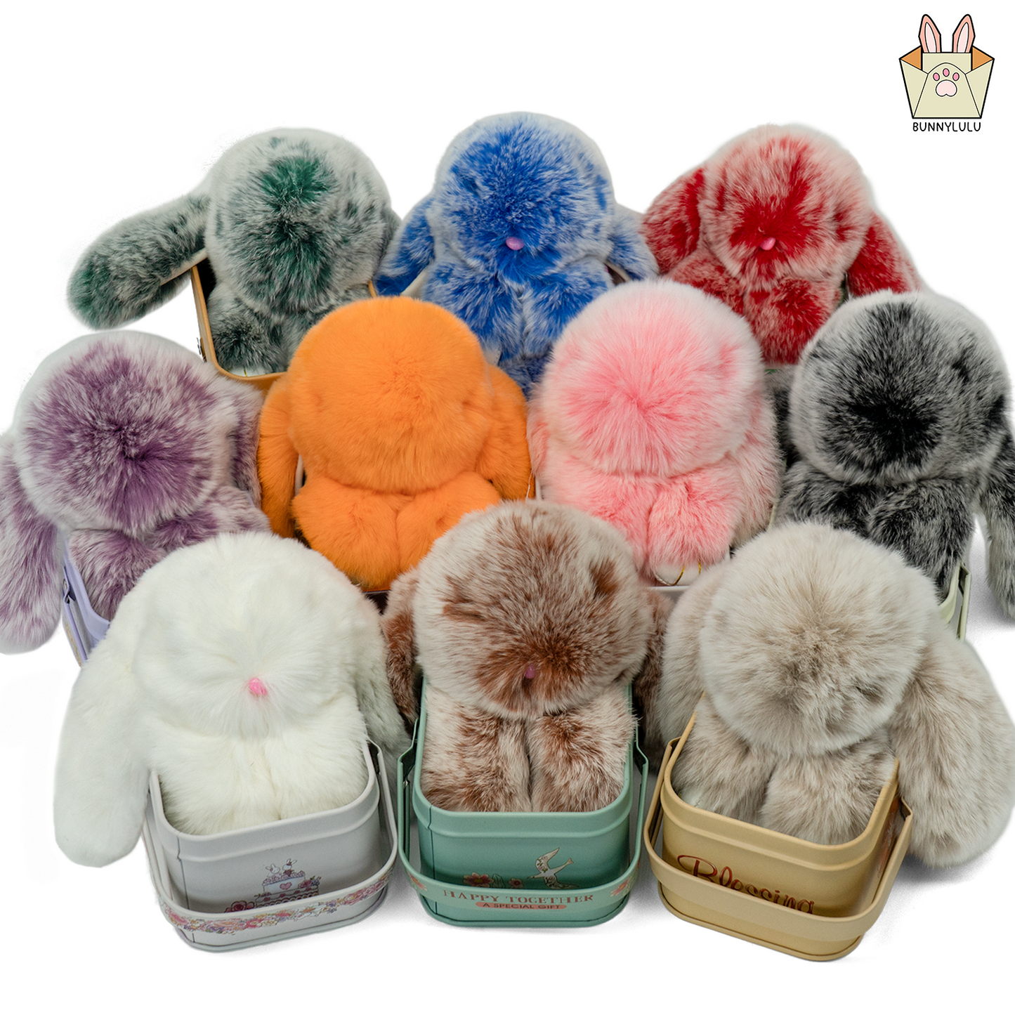 BunnyLulu Handmade Bunny Pompom Keychain with Designed Tin, Multi Colors