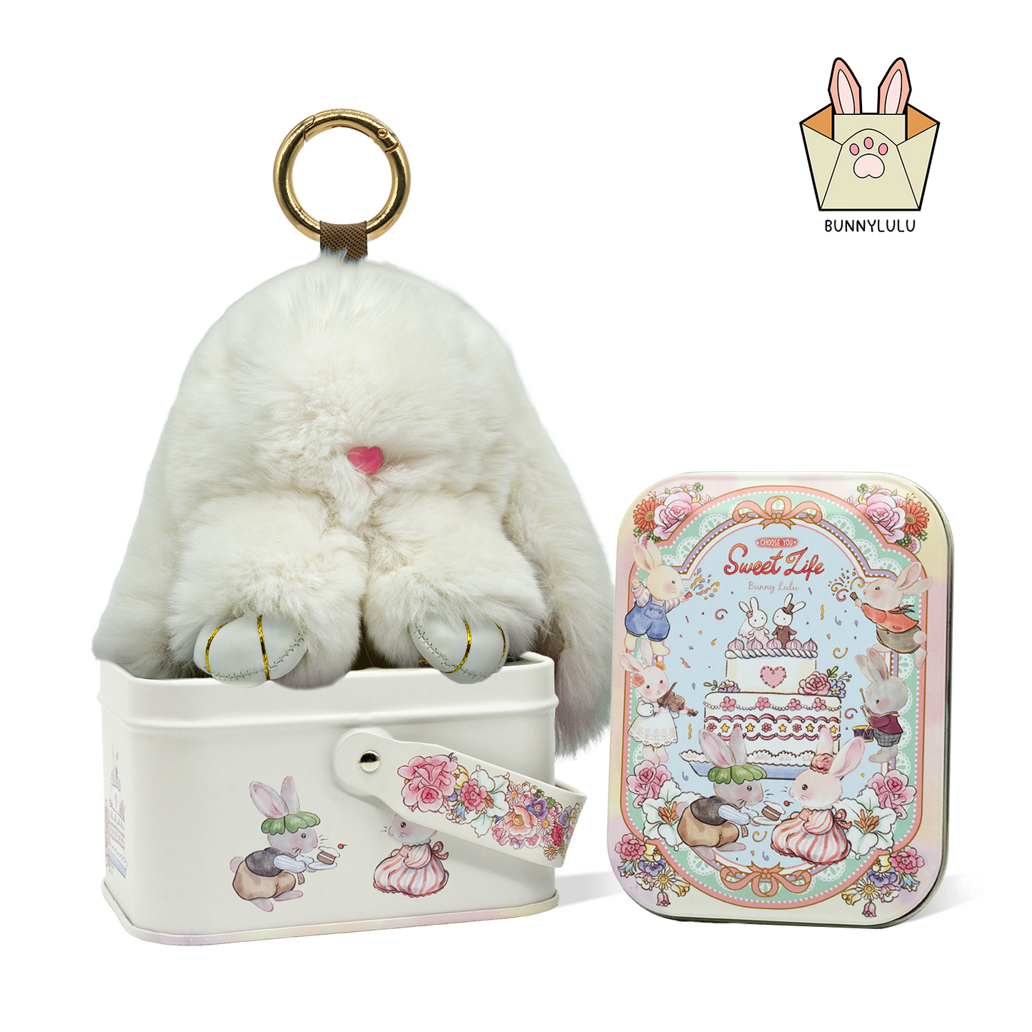 BunnyLulu Handmade Bunny Pompom Keychain with Designed Tin, Multi Colors