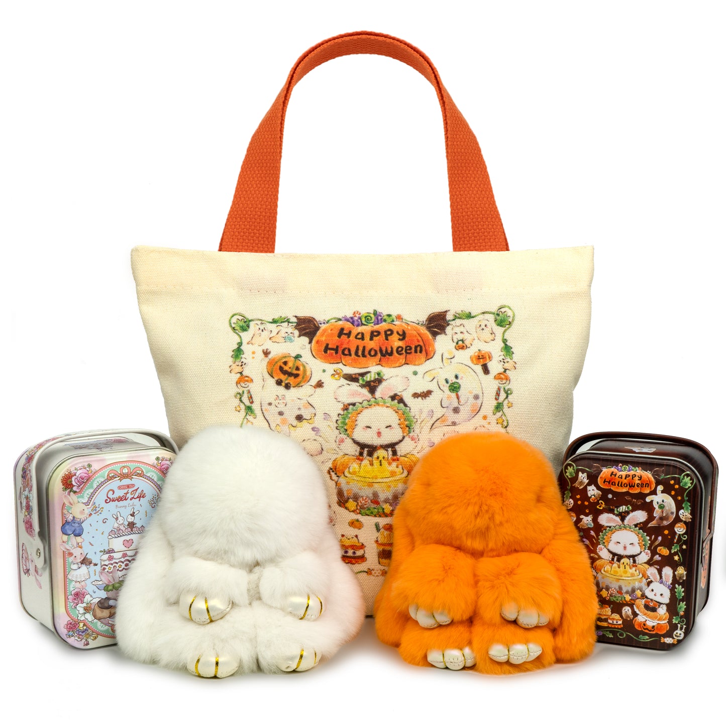 BunnyLulu × Happy Family Bundle - White & Orange Bunny PomPom Keychain with Capybara, Orange and Red Mini Canvas Tote Bag, Cow Bag, Gift Bags