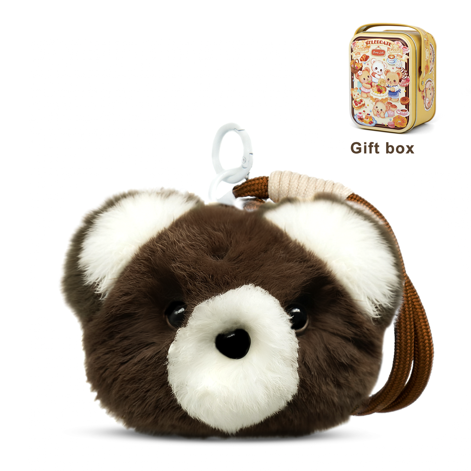 Fluffy Teddy Bear Head Keychain with Gift Tin