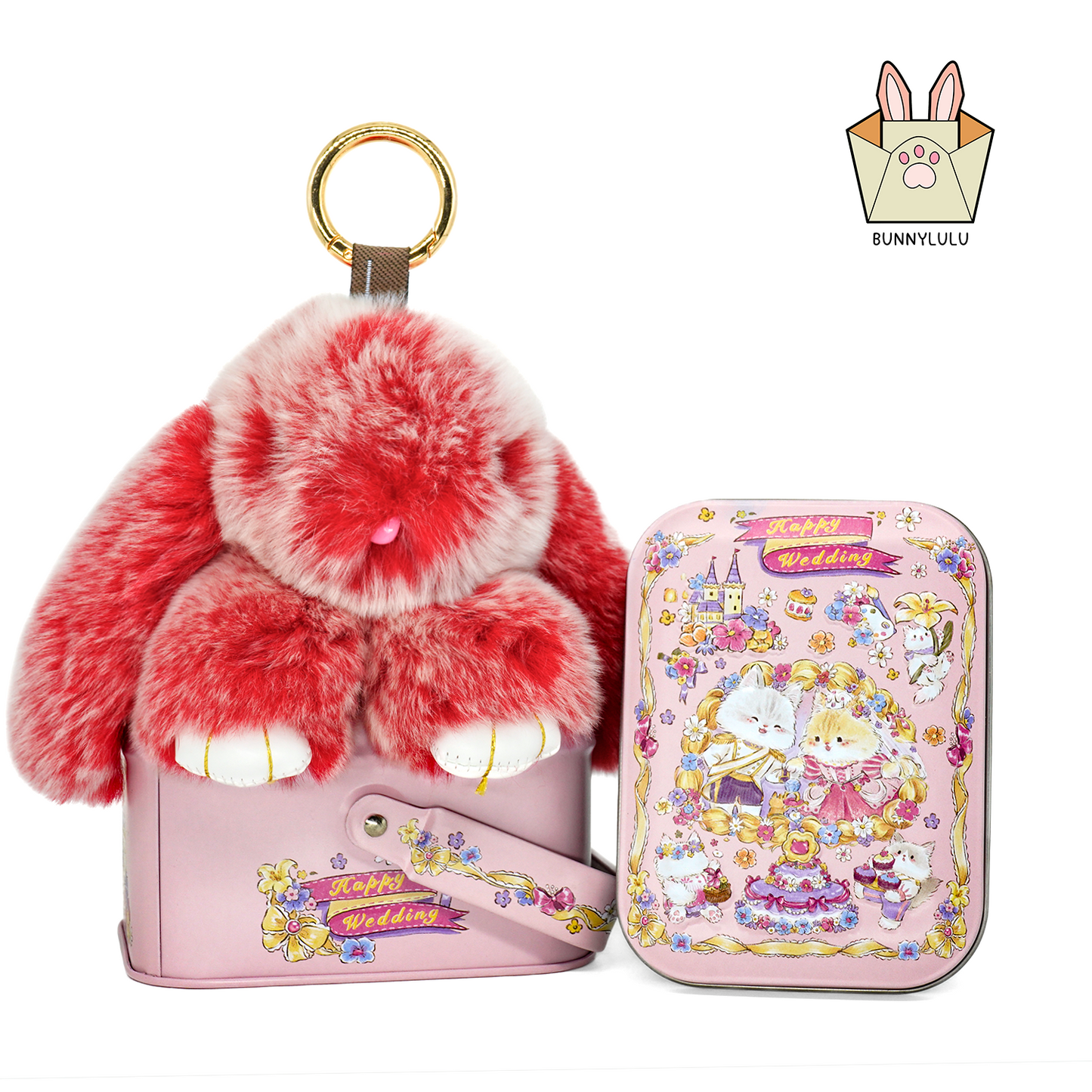 BunnyLulu Handmade Bunny Pompom Keychain with Designed Tin, Multi Colors